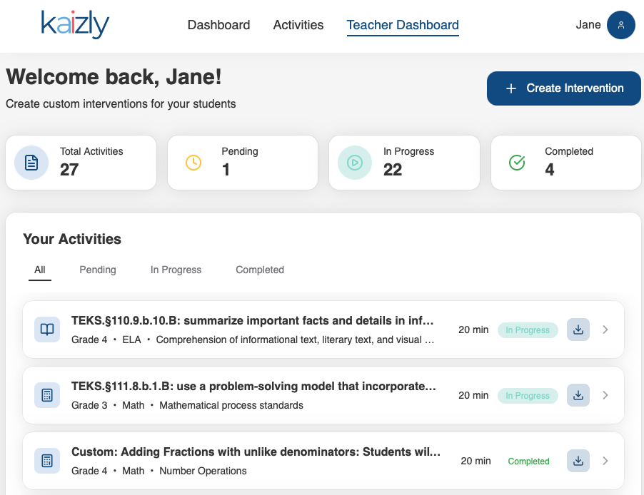 Kaizly educator dashboard with the Create Intervention button
